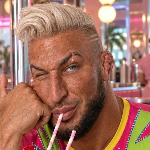 Tank Shortman winking in a pink diner: platinum quiff, cauliflower ears, deep tan