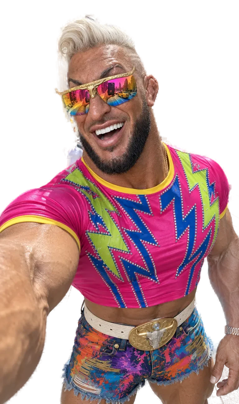 Tank Shortman bursting out of the frame, laughing in his neon top and rainbow sunglasses